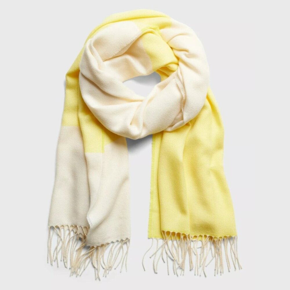 BANANA REPUBLIC Yellow Ivory Colorblock Scarf Fringe Shawl Stripe Beige Wrap